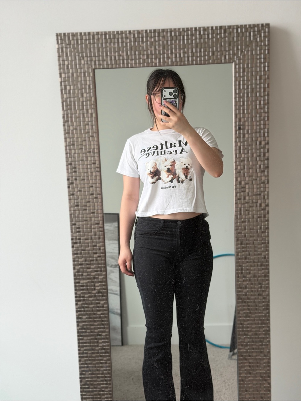 White Graphic Crop Tee with Dog Print